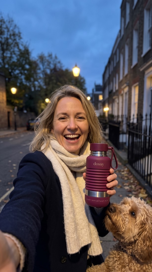 At dusk on a London street, a laughing woman holds a folded berry dossy next to her Labradoodle