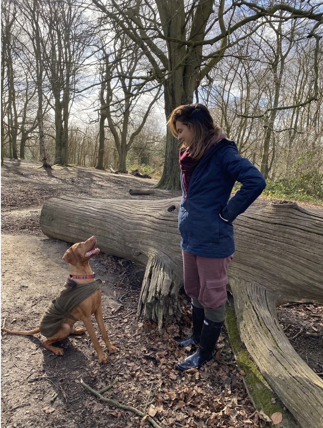 Roxy in the woods with her Vizsla Koppa, who is sitting and looking up at her